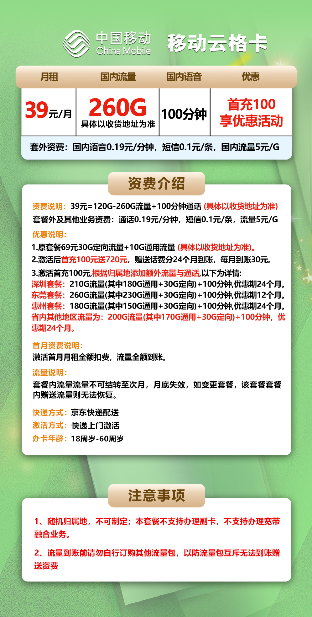 【省内版】广东移动 39元 230G通用流量+30G定向流量+100分钟通话【多个地区】 详情图1