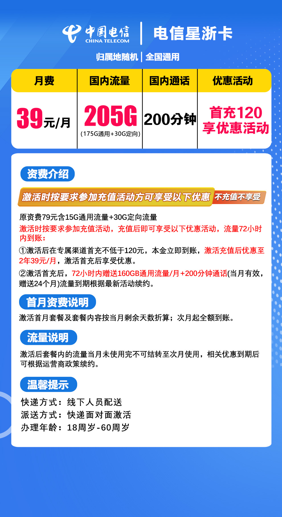 【省内版】浙江电信 39元 175G通用+30G定向+200分钟通话【首充120无赠送】 详情图1