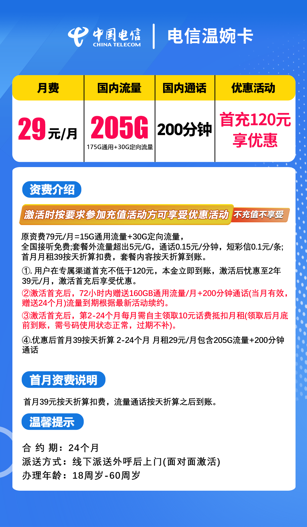 【省内版】浙江电信 29元 175G通用+30G定向+200分钟通话【省内版】 详情图1
